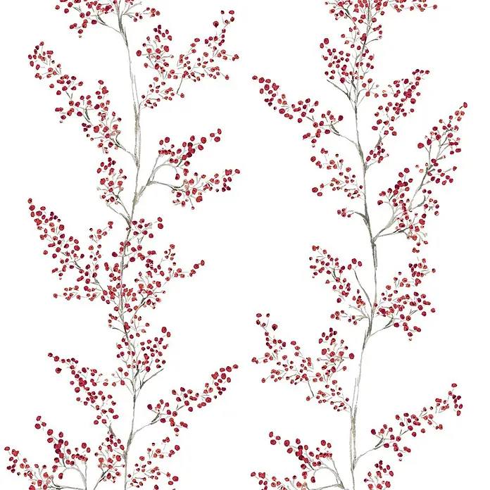 Marburg Novamur Plus Fresh UP Vliestapete Floral VIII - Weiß-Rot, Floral, 10,05 x 0,53 m - Illustration zarter Äste mit leuchtend roten Beeren.