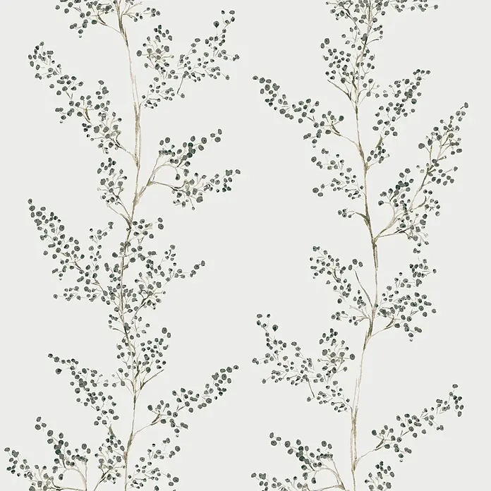 Marburg Novamur Plus Fresh UP Vliestapete Floral VIII - Grau-Grün, Floral, 10,05 x 0,53 m - Botanisches Aquarellmuster mit zarten braunen Ästen und zerstreuten dunkelgrünen beerenartigen Punkten.