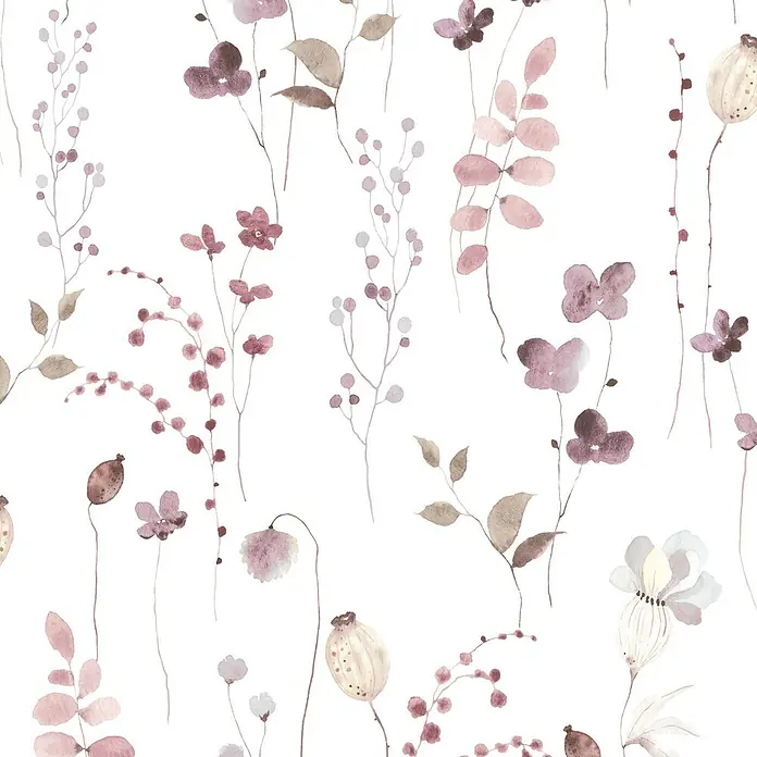 Marburg Novamur Plus Fresh UP Vliestapete Floral V - Weiß-Rot, Floral, 10,05 x 0,53 m - Nahtloses Aquarellmuster mit zarten rosa, lila und beigen Blumen und botanischen Elementen.