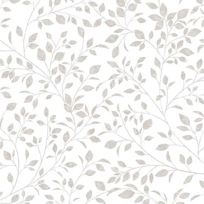 Marburg Novamur Plus Fresh UP Vliestapete Floral III - Weiß-Grau, Floral, 10,05 x 0,53 m - Zartes hellbeiges Blatt- und Zweigmuster mit Leinenstruktur.