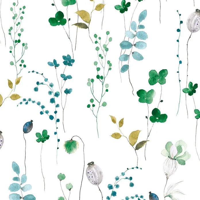 Marburg Novamur Plus Fresh UP Vliestapete Floral V - Weiß-Grün, Floral, 10,05 x 0,53 m - Nahtloses Aquarellmuster zarter grüner, blauer und goldener Botanik.
