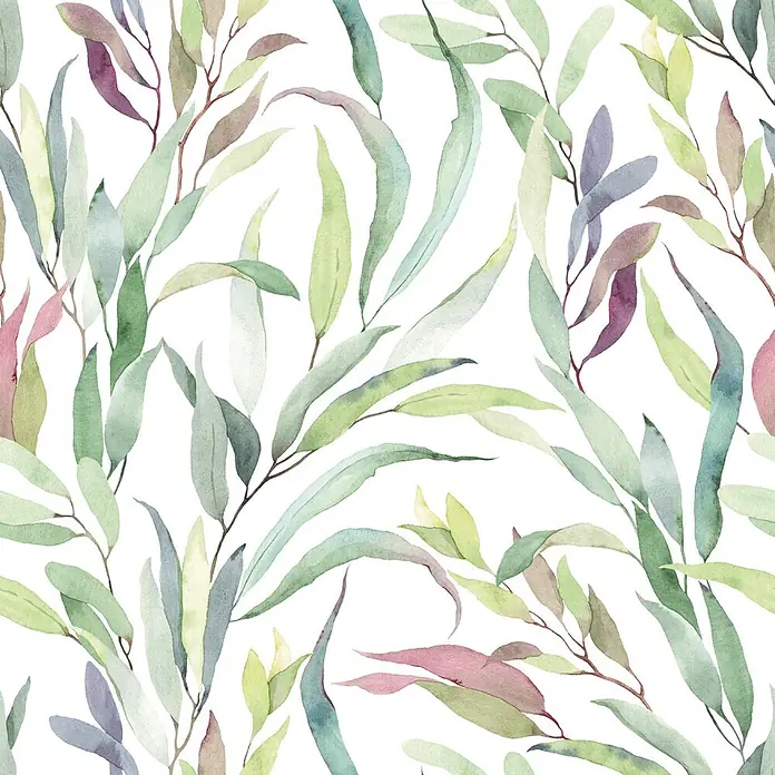 Marburg Novamur Plus Fresh UP Vliestapete Floral IV - Weiß-Grün, Floral, 10,05 x 0,53 m - Nahtloses Aquarellmuster mit Blättern in Grün-, Lila- und Rosatönen.