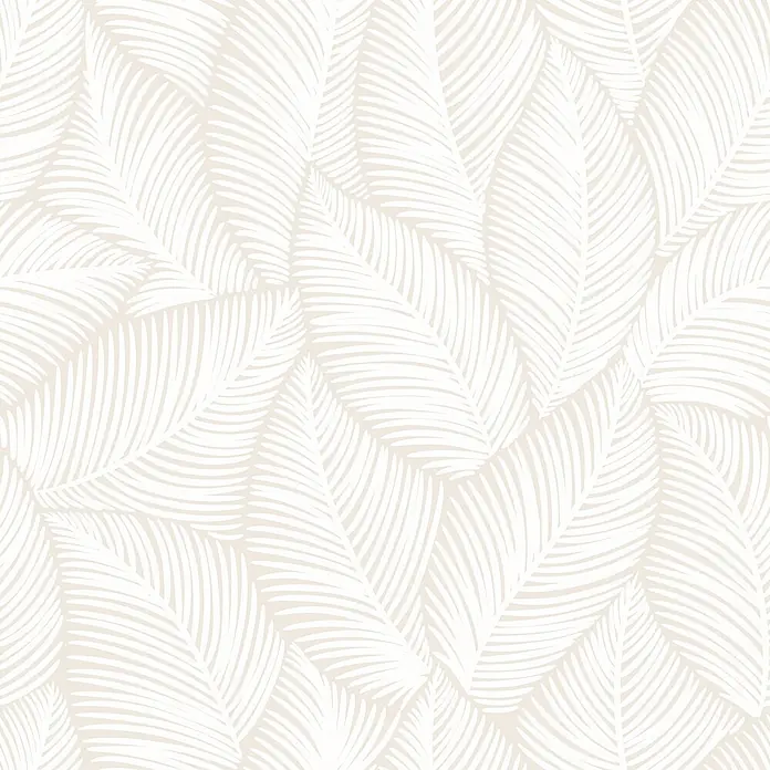 Marburg Novamur Plus Fresh UP Vliestapete Flora VII - Weiß-Beige, Floral, 10,05 x 0,53 m - Nahtloses Muster mit weißen Palmenblättern auf hellbeigem Hintergrund.
