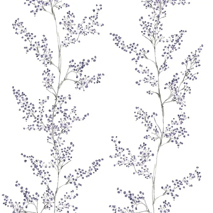 Marburg Novamur Plus Fresh UP Vliestapete Floral VIII - Weiß-Lila, Floral, 10,05 x 0,53 m - Aquarell-Illustration zarter Äste mit kleinen lila Beeren.