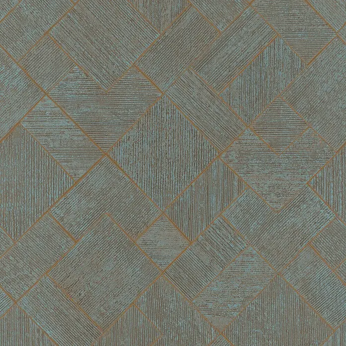 Marburg Ritus Vliestapete Grafik I - Kupfer-Blau, Grafisch, 10,05 x 0,53 m - Abgenutztes geometrisches Muster in Türkis und Braun mit goldenen Umrissen, ähnelt strukturierten Fliesen oder Tapeten.