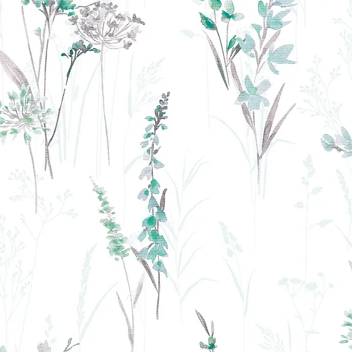 Marburg Novamur Plus Fresh UP Vliestapete Floral I - Weiß-Grün, Floral, 10,05 x 0,53 m - Nahtloses botanisches Aquarellmuster mit zarten Gräsern und Wildblumen in sanften Grün- und Grautönen.
