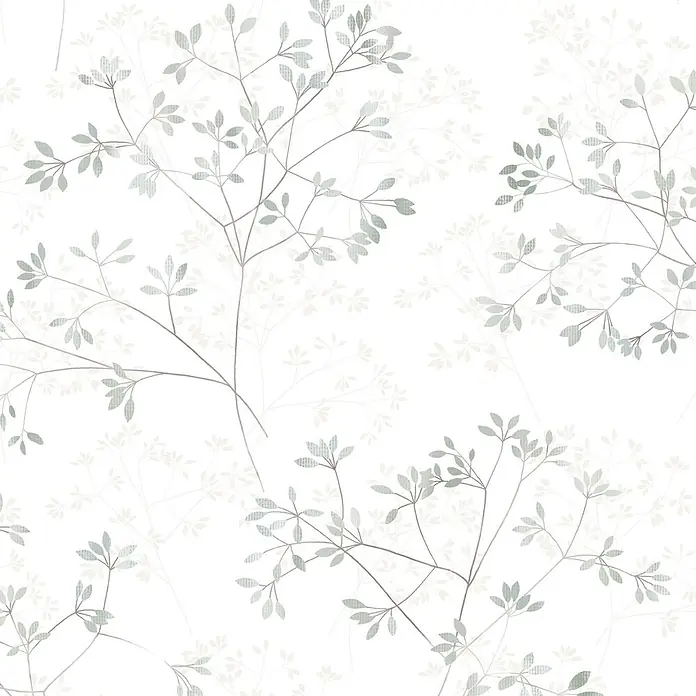 Marburg Novamur Plus Fresh UP Vliestapete Floral II - Weiß-Grün, Floral, 10,05 x 0,53 m - Nahtloses botanisches Muster mit zarten Ästen und hellgrünen, texturierten Blättern, überlagert mit feinerem Laub.