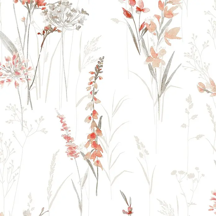 Marburg Novamur Plus Fresh UP Vliestapete Floral I - Weiß-Rot, Floral, 10,05 x 0,53 m - Nahtloses Muster aus Aquarell-Wildgräsern und Blumen in Pfirsich-, Korallen- und Grautönen.