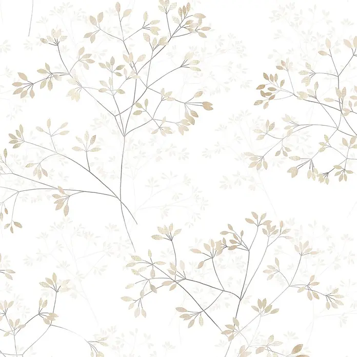 Marburg Novamur Plus Fresh UP Vliestapete Floral II - Weiß-Beige, Floral, 10,05 x 0,53 m - Nahtloses Muster: zarte Äste mit hellbeigen, leicht texturierten Blättern und blasseren Hintergrundelementen.