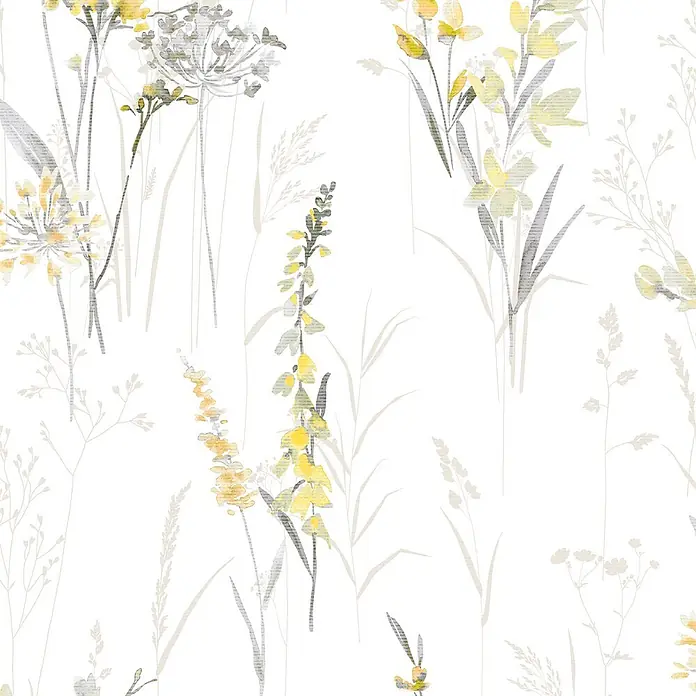 Marburg Novamur Plus Fresh UP Vliestapete Floral I - Weiß-Gelb, Floral, 10,05 x 0,53 m - Nahtloses Muster mit Aquarell-Wildblumen und Gräsern in Gelb, Grau und Hellbeige.