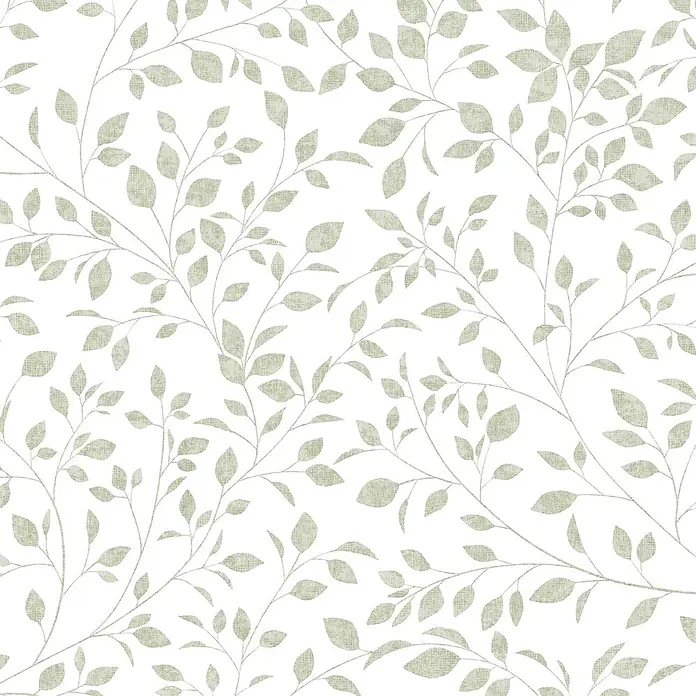 Marburg Novamur Plus Fresh UP Vliestapete Floral III - Weiß-Grün, Floral, 10,05 x 0,53 m - Helles grünes Blättermuster mit Ästen und dezenter Leinenstruktur.