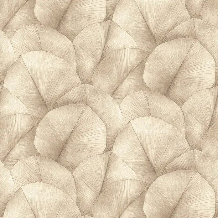 Marburg Kumano Fototapete Floral - B x H: 212 x 270 cm, Vlies, Beige - Nahtloses Muster aus überlappenden, texturierten, fächerförmigen Blättern in neutralem Beige.