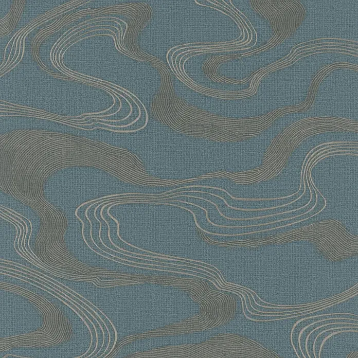 Marburg Kumano Vliestapete Grafik I - Blau, Grafisch, 10,05 x 0,53 m - Türkisblau-texturierte Tapete mit abstrakten goldenen Wellenlinien.