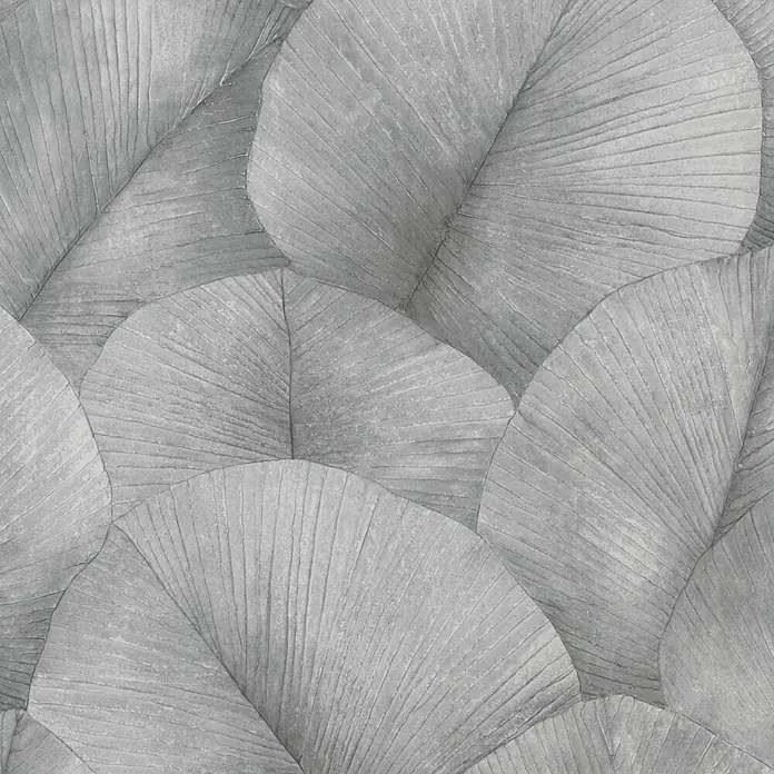 Marburg Kumano Vliestapete Floral - Grau, Floral, 10,05 x 0,53 m - Graue, texturierte Tapete mit überlappenden, großen Blättern und ausgeprägten Adern.