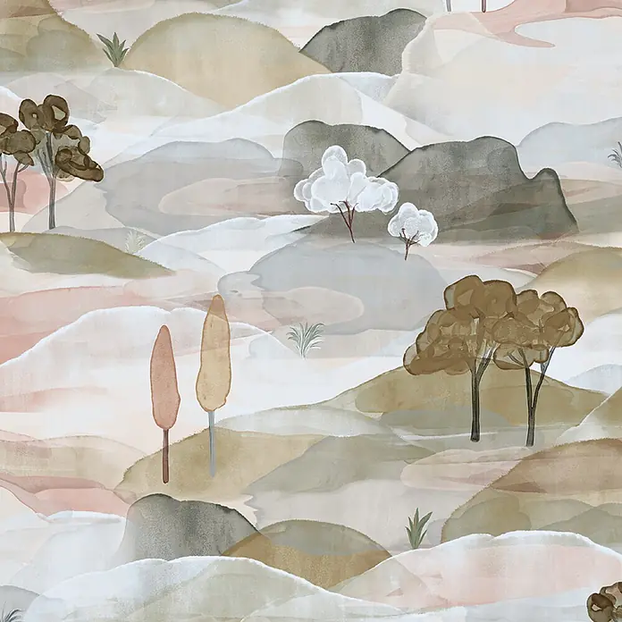 Marburg Boho Vliestapete Landscape - Grün-Blau-Rot, Sonstiges, 10,05 x 0,53 m - Nahtloses Aquarellmuster einer abstrakten Landschaft mit Hügeln und Bäumen in gedämpften Erdtönen.