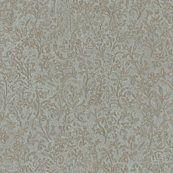 Marburg Ritus Vliestapete Floral - Blau-Gold, Floral, 10,05 x 0,53 m - Strukturierte blau-graue Oberfläche mit goldenem Blumen- und Rankenmuster.