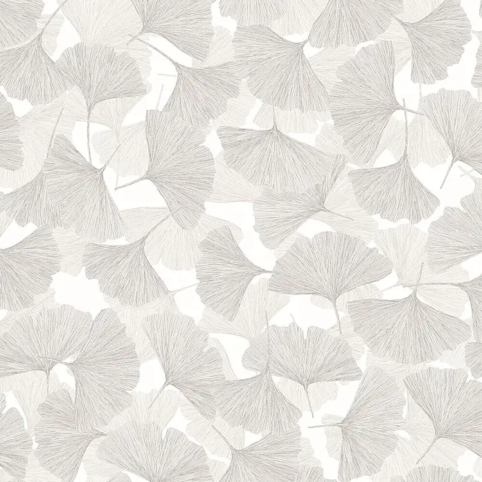 Marburg Boho Vliestapete Floral - Grau-Weiß, Floral, 10,05 x 0,53 m - Helles Ginkgo-Blattmuster in Grau mit leichter Textur für Tapeten oder Stoffe.