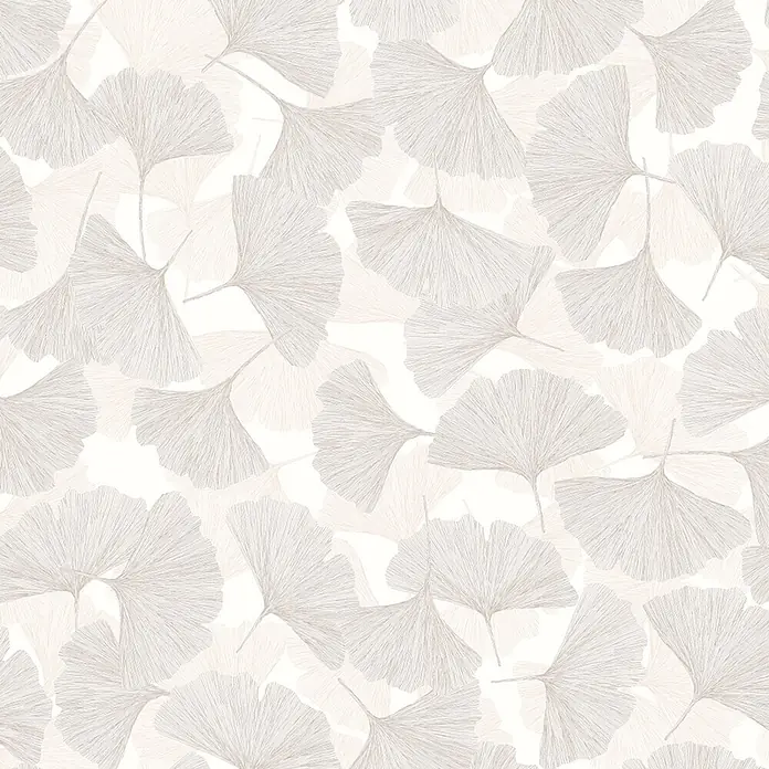 Marburg Boho Vliestapete Floral - Grau-Beige, Floral, 10,05 x 0,53 m - Weiches, strukturiertes Muster aus hellgrauen und beigen Ginkgo-Blättern.