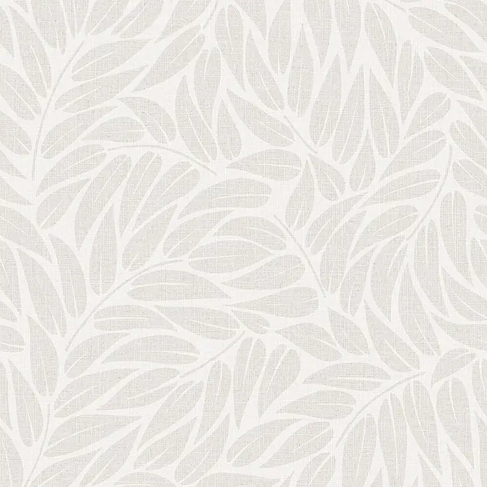 Marburg Boho Vliestapete Floral I - Weiß-Grau, Floral, 10,05 x 0,53 m - Hellgraues Blattmuster auf weißer, leinenartiger Texturoberfläche.
