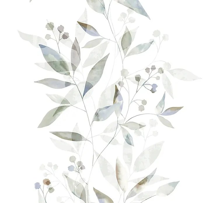Marburg Novamur Plus Fresh UP Vliestapete Floral - Weiß-Grün, Floral, 10,05 x 0,53 m - Nahtloses vertikales Aquarellmuster mit durchscheinenden botanischen Elementen wie Blättern und kleinen Beeren in gedeckten Tönen.