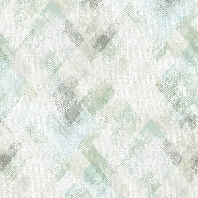 Marburg Novamur Plus Fresh UP Vliestapete Grafik - Grün-Grau, Grafisch, 10,05 x 0,53 m - Abstraktes geometrisches Muster aus überlappenden diagonalen Rechtecken in gedämpftem Grün, Blau und Grau mit strukturierter Oberfläche.