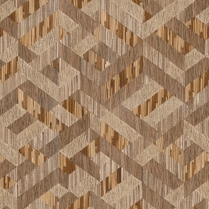 Marburg Boho Vliestapete Holzoptik - Beige-Braun, Holzoptik, 10,05 x 0,53 m - Zickzackmuster aus Naturholz und gewebten Strohfasern in Erdtönen.