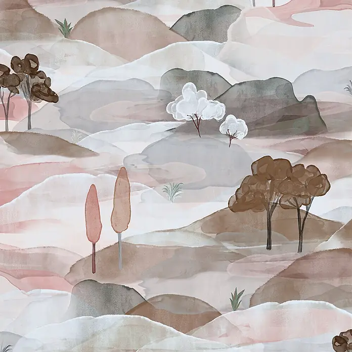 Marburg Boho Vliestapete Landscape - Blau-Rot, Sonstiges, 10,05 x 0,53 m - Aquarellmuster: ruhige Landschaft mit sanften Hügeln und stilisierten Bäumen in erdigen Pastellfarben.