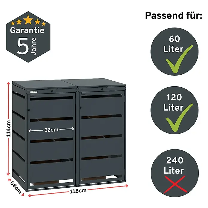 MBOX Mülltonnenbox - Stahl, RAL7016, Geeignet für Anzahl Mülltonnen: 2 Stk. - Anthrazitfarbene Doppel-Mülltonnenbox, 114x118x68 cm, passend für 60L und 120L Tonnen.
