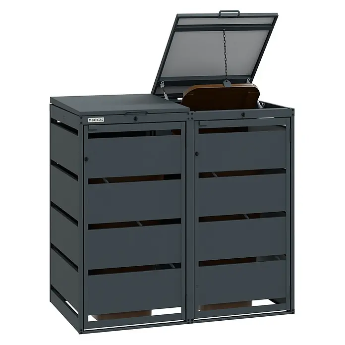 MBOX Mülltonnenbox - Stahl, RAL7016, Geeignet für Anzahl Mülltonnen: 2 Stk. - Dunkelgraue Mülltonnenbox aus Metall mit zwei Fächern. Eine Klappe ist geöffnet und zeigt einen inneren Deckel mit Kette.