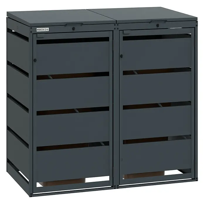 MBOX Mülltonnenbox - Stahl, RAL7016, Geeignet für Anzahl Mülltonnen: 2 Stk. - Dunkelgraue, zweifache Mülltonnenbox aus Lamellenmetall mit Deckeln.