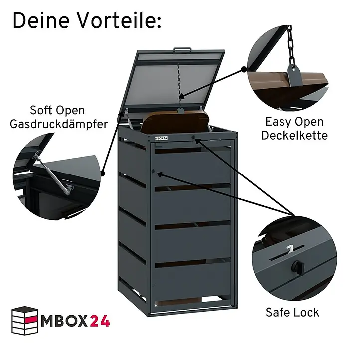 MBOX Mülltonnenbox - Stahl, RAL7016, Geeignet für Anzahl Mülltonnen: 3 Stk. - Dunkelgraue Metall-Mülltonnenbox mit offenem Deckel, Gasdruckdämpfern, Deckelkette und sicherem Schloss.