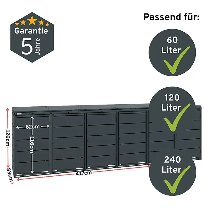 MBOX Mülltonnenbox - Stahl, RAL7016, Geeignet für Anzahl Mülltonnen: 6 Stk. - Dunkelgraue Mehrfach-Mülltonnenbox, passend für 60, 120 und 240 Liter Tonnen. Mit 5 Jahren Garantie.