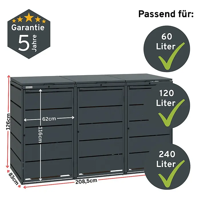 MBOX Mülltonnenbox - Stahl, RAL7016, Geeignet für Anzahl Mülltonnen: 3 Stk. - Dunkelgraue 3er-Mülltonnenbox, 208,5cm breit, für 60, 120, 240L Tonnen. 5 Jahre Garantie.