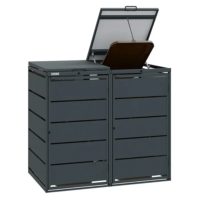 MBOX Mülltonnenbox - Stahl, RAL7016, Geeignet für Anzahl Mülltonnen: 2 Stk. - Dunkelgraue Lamellen-Mülltonnenbox mit zwei Fächern, ein Deckel geöffnet mit Behälterhalterung.