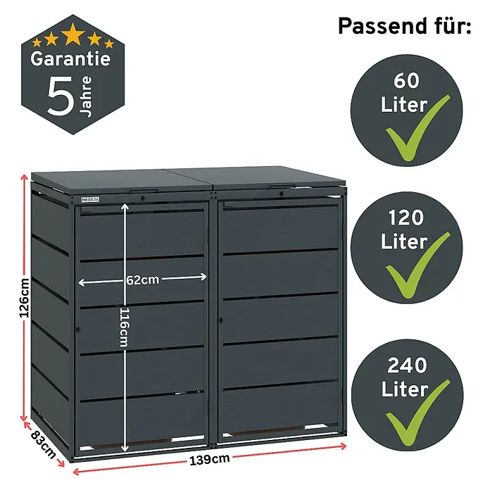 MBOX Mülltonnenbox - Stahl, RAL7016, Geeignet für Anzahl Mülltonnen: 2 Stk. - Dunkelgraue, zweifach-Mülltonnenbox mit Lamellendesign, Maße 126x139x83cm (HxBxT), passend für 60-240 Liter Tonnen.