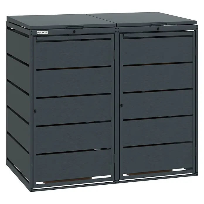 MBOX Mülltonnenbox - Stahl, RAL7016, Geeignet für Anzahl Mülltonnen: 2 Stk. - Anthrazitfarbene Doppel-Mülltonnenbox mit Lamellen, Klappdeckeln und Türen.