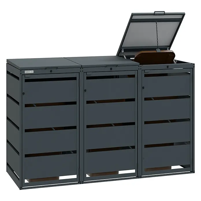 MBOX Mülltonnenbox - Stahl, RAL7016, Geeignet für Anzahl Mülltonnen: 3 Stk. - Dunkelgraue Metall-Mülltonnenbox mit drei Fächern, ein Deckel geöffnet, der einen inneren Behälter zeigt.