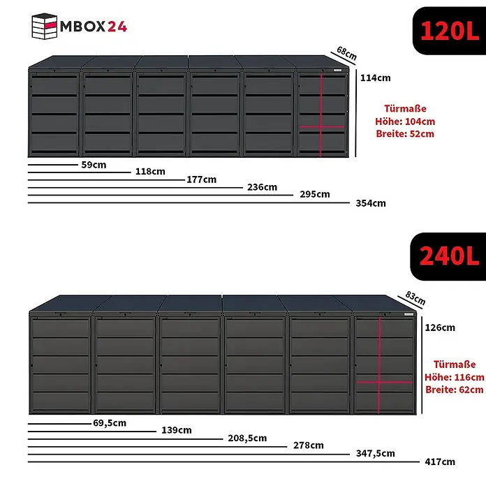 MBOX Mülltonnenbox - Stahl, RAL7016, Geeignet für Anzahl Mülltonnen: 3 Stk. - Dunkelgraue modulare MBOX24 Mülltonnenboxen mit detaillierten Maßen für 120L und 240L Tonnen.