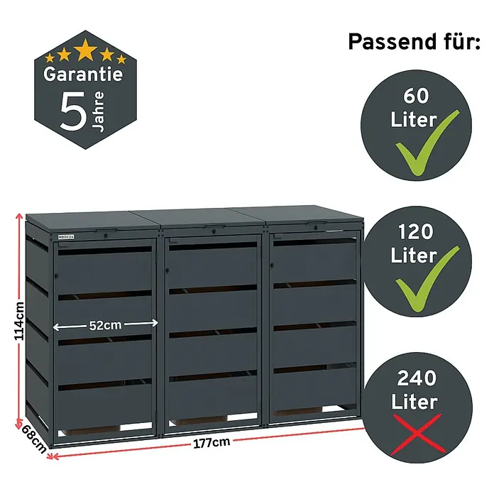 MBOX Mülltonnenbox - Stahl, RAL7016, Geeignet für Anzahl Mülltonnen: 3 Stk. - Dunkelgraue Mülltonnenbox aus Metall mit drei Fächern, Maßen (H114xW177xD68cm) und Kompatibilität für 60L/120L Tonnen.