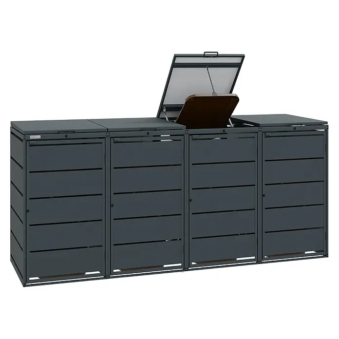 MBOX Mülltonnenbox - Stahl, RAL7016, Geeignet für Anzahl Mülltonnen: 4 Stk. - Dunkelgraue Outdoor-Mülltonnenbox mit mehreren Fächern, eines mit geöffnetem Deckel.