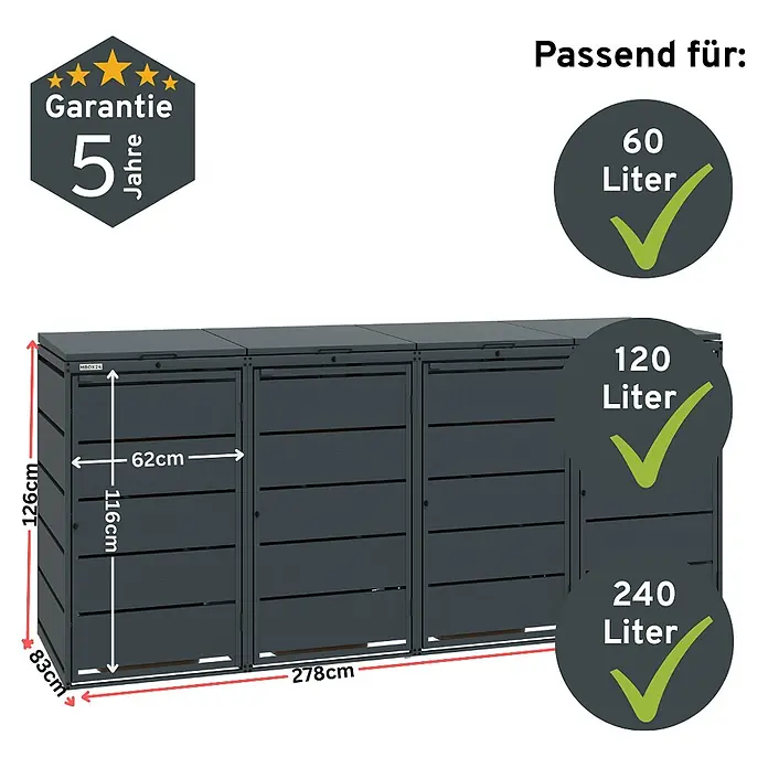 MBOX Mülltonnenbox - Stahl, RAL7016, Geeignet für Anzahl Mülltonnen: 4 Stk. - Dunkelgraue Mülltonnenbox MBOX24 mit 3 Fächern, 278x126x83cm, passend für 60, 120, 240L Tonnen, 5 Jahre Garantie.