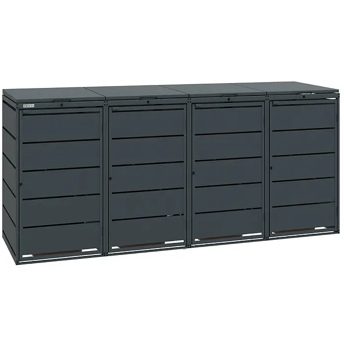 MBOX Mülltonnenbox - Stahl, RAL7016, Geeignet für Anzahl Mülltonnen: 4 Stk. - Dunkelgraue Mülltonnenbox mit vier Fächern, Lamellentüren und aufklappbaren Deckeln.