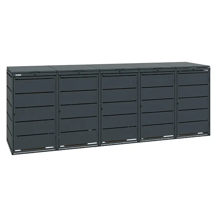MBOX Mülltonnenbox - Stahl, RAL7016, Geeignet für Anzahl Mülltonnen: 5 Stk. - Dunkelgraue Metall-Mülltonnenbox mit 5 Lamellenfächern und oberen Deckeln.