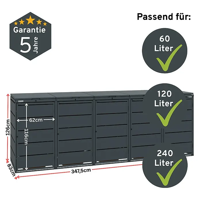 MBOX Mülltonnenbox - Stahl, RAL7016, Geeignet für Anzahl Mülltonnen: 5 Stk. - Dunkelgraue Mülltonnenbox mit Maßen und Kapazitäten für 60, 120, 240 Liter Tonnen, 5 Jahre Garantie.