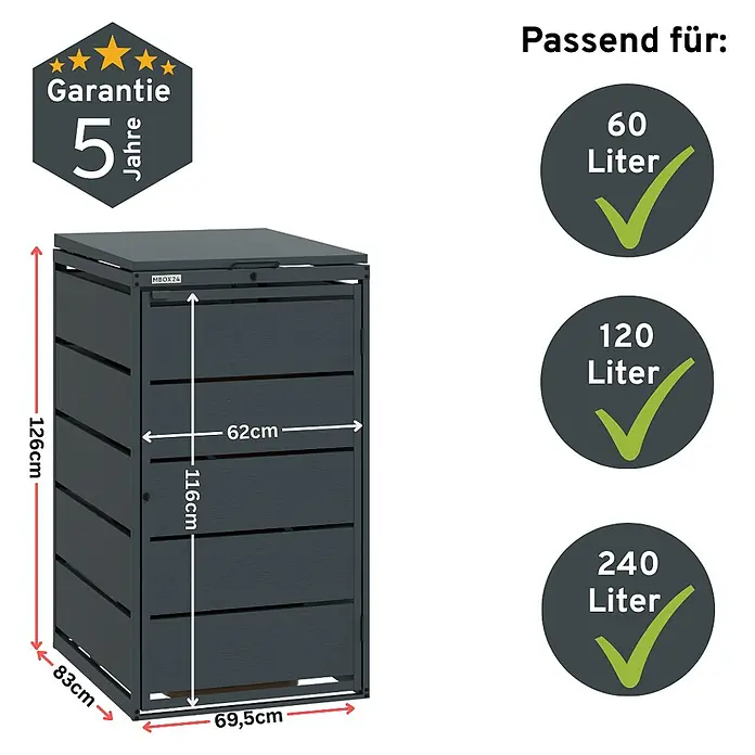 MBOX Mülltonnenbox - Stahl, RAL7016, Geeignet für Anzahl Mülltonnen: 1 Stk. - Dunkelgraue Mülltonnenbox für 60, 120, 240 Liter Tonnen, mit 5 Jahren Garantie. Maße: 69,5x83x126cm.