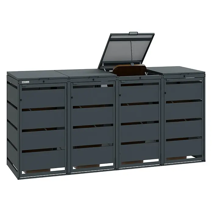 MBOX Mülltonnenbox - Stahl, RAL7016, Geeignet für Anzahl Mülltonnen: 4 Stk. - Dunkelgraue Metall-Mülltonnenbox mit vier Fächern, ein Deckel offen.