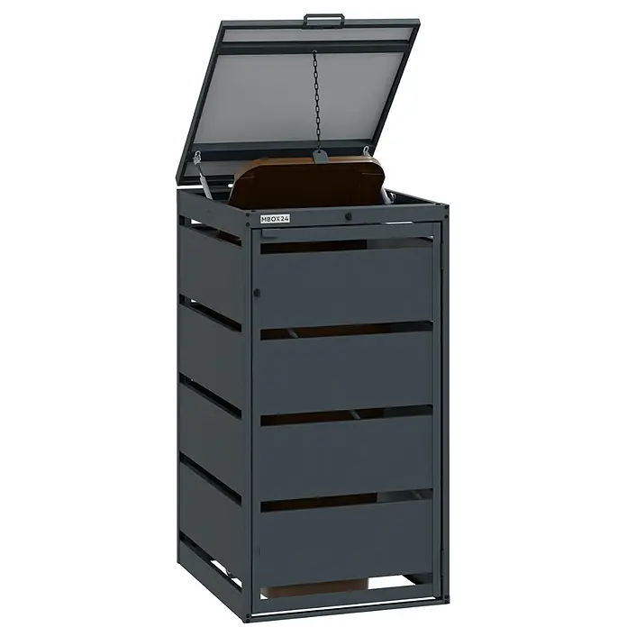 MBOX Mülltonnenbox - Stahl, RAL7016, Geeignet für Anzahl Mülltonnen: 1 Stk. - Dunkelgraue Mülltonnenbox aus Metall mit geöffnetem Deckel, die eine innere Tonne zeigt.