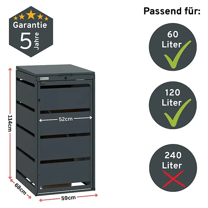 MBOX Mülltonnenbox - Stahl, RAL7016, Geeignet für Anzahl Mülltonnen: 1 Stk. - Dunkelgraue Metall-Mülltonnenbox (114x59x68cm) passend für 60 & 120L Tonnen. 5 Jahre Garantie.