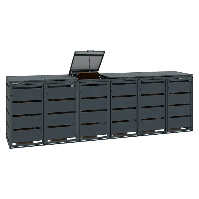 MBOX Mülltonnenbox - Stahl, RAL7016, Geeignet für Anzahl Mülltonnen: 6 Stk. - Dunkelgraues modulares Mülltonnenbox-System aus Metall mit mehreren Fächern, ein Deckel offen, der eine innere Mülltonne zeigt.