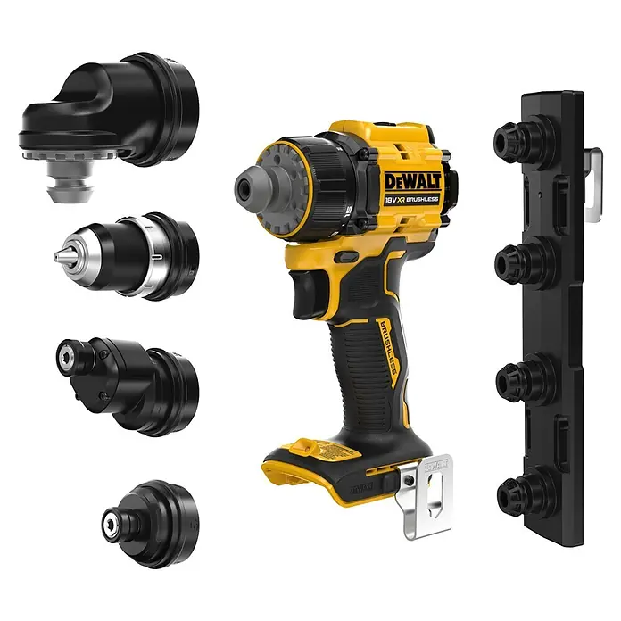 DeWalt XR 18V Taladro atornillador de batería DCD803D2T - 18 V, 2 baterías, 2 Ah, 73 Nm - Taladro atornillador inalámbrico DeWalt amarillo y negro con accesorios intercambiables y riel de montaje.